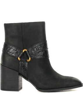 Vionic Black Leather Ankle Boot with Embossed Strap & Gold Ring